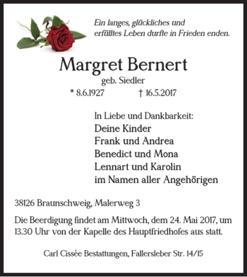 Traueranzeige von Margret Bernert von Braunschweiger Zeitung