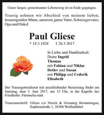 Traueranzeige von Paul Gliese von Wolfenbütteler Zeitung