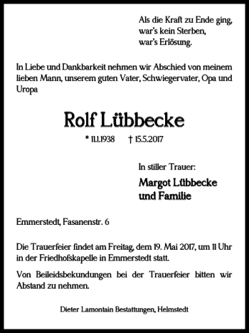 Traueranzeige von Rolf Lübbecke von Helmstedter Nachrichten