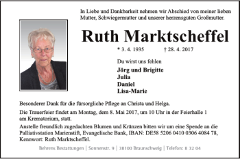 Traueranzeige von Ruth Marktscheffel von Braunschweiger Zeitung