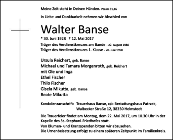 Traueranzeige von Walter Banse von Helmstedter Nachrichten