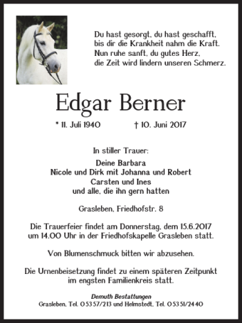 Traueranzeige von Edgar Berner von Helmstedter Nachrichten