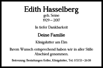 Traueranzeige von Edith Hasselberg von Helmstedter Nachrichten