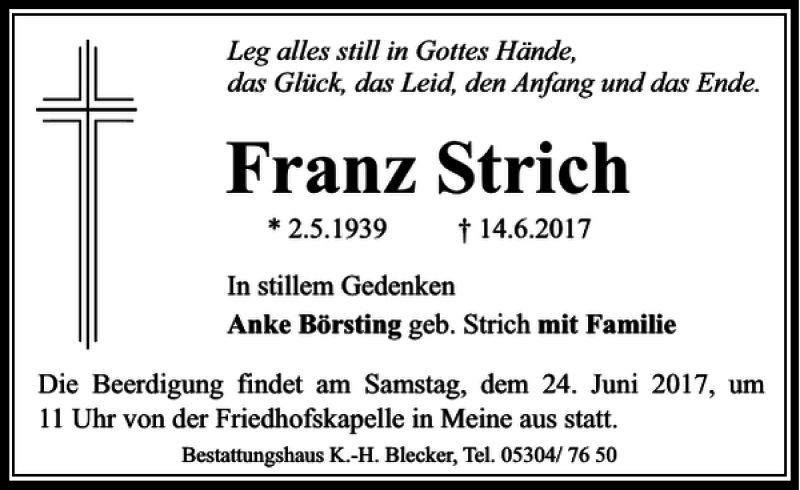  Traueranzeige für Franz Strich vom 20.06.2017 aus Braunschweiger Zeitung