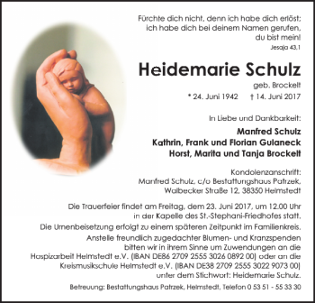 Traueranzeige von Heidemarie Schulz von Helmstedter Nachrichten