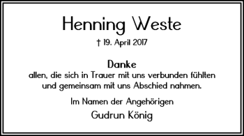 Traueranzeige von Henning Weste von Wolfenbütteler Zeitung