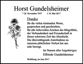 Traueranzeige von Horst Gundelsheimer von Wolfsburger Nachrichten