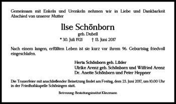 Traueranzeige von Ilse Schönborn von Helmstedter Nachrichten