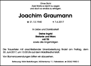 Traueranzeige von Joachim Graumann von Wolfsburger Nachrichten