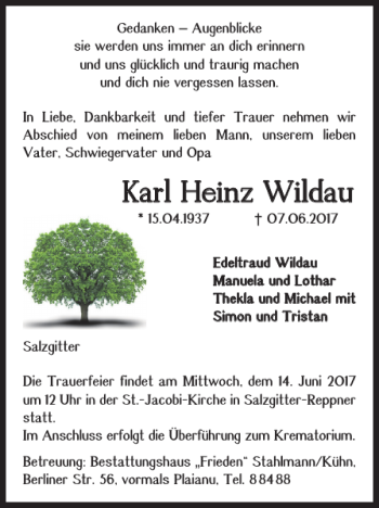 Traueranzeige von Karl Heinz Wildau von Salzgitter Zeitung