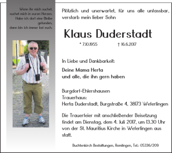 Traueranzeige von Klaus Duderstadt von Wolfenbütteler Zeitung