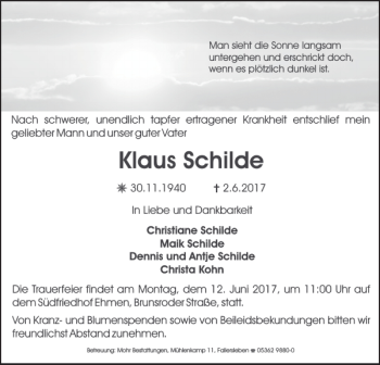Traueranzeige von Klaus Schilde von Wolfsburger Nachrichten