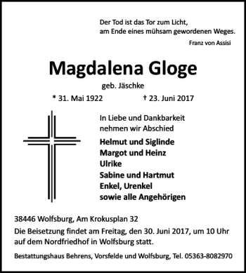 Traueranzeige von Magdalena Gloge von Wolfsburger Nachrichten