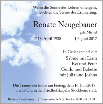 Traueranzeige von Renate Neugebauer von Braunschweiger Zeitung