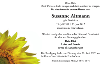 Traueranzeige von Susanne Altmann von Wolfsburger Nachrichten