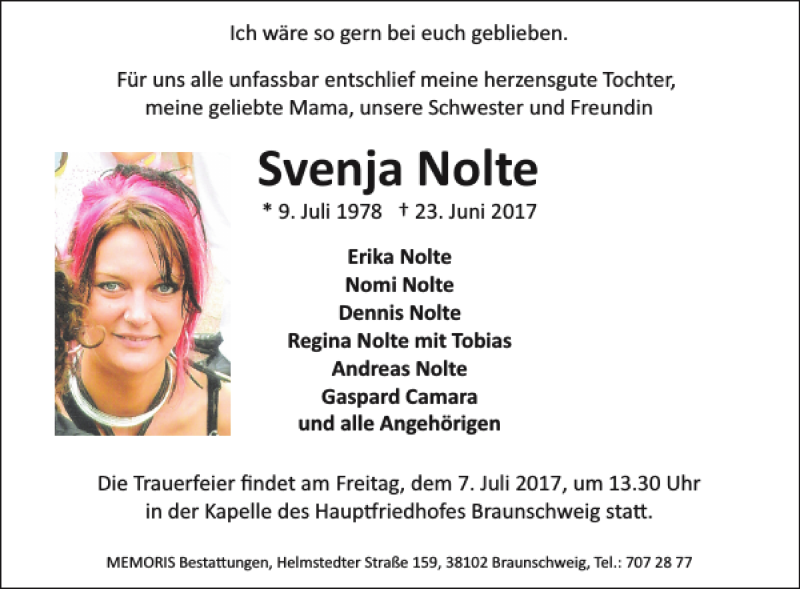  Traueranzeige für Svenja Nolte vom 30.06.2017 aus Braunschweiger Zeitung