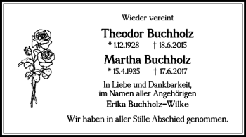 Traueranzeige von Theodor Buchholz Martha Buchholz von Wolfenbütteler Zeitung