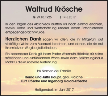 Traueranzeige von Waltrud Krösche von Wolfsburger Nachrichten