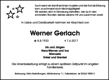 Traueranzeige von Werner Gerlach von Wolfsburger Nachrichten
