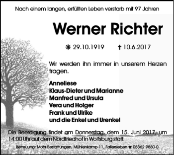Traueranzeige von Werner Richter von Wolfsburger Nachrichten