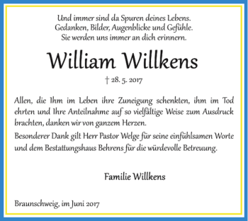 Traueranzeige von William Willkens von Braunschweiger Zeitung