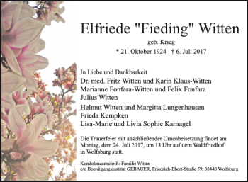 Traueranzeige von Elfriede Fieding Witten von Wolfsburger Nachrichten