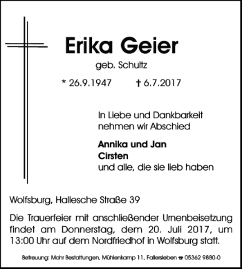 Traueranzeige von Erika Geier von Wolfsburger Nachrichten