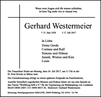 Traueranzeige von Gerhard Westermeier von Wolfsburger Nachrichten