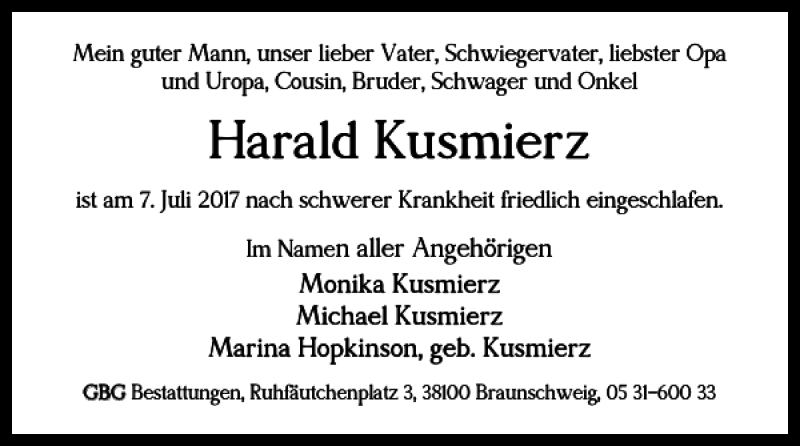  Traueranzeige für Harald Kusmierz vom 14.07.2017 aus Braunschweiger Zeitung