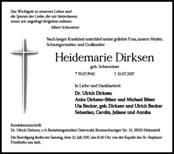 Traueranzeige von Heidemarie Dirksen von Helmstedter Nachrichten