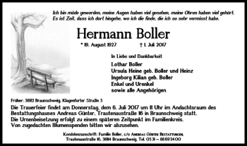 Traueranzeige von Hermann Boller von Braunschweiger Zeitung