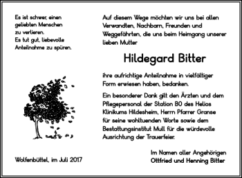 Traueranzeige von Hildegard Bitter von Wolfenbütteler Zeitung