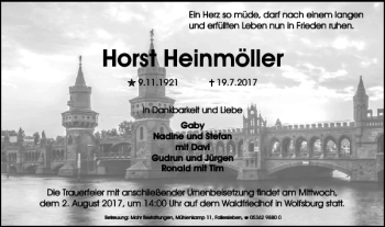 Traueranzeige von Horst Heinmöller von Wolfsburger Nachrichten