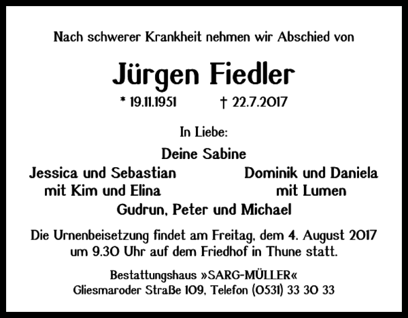  Traueranzeige für Jürgen Fiedler vom 28.07.2017 aus Braunschweiger Zeitung