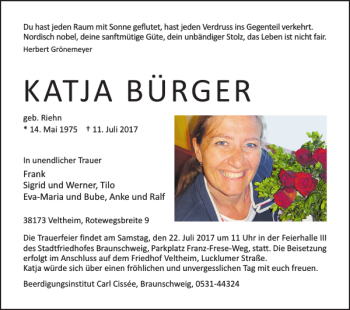 Traueranzeige von KATJA BÜRGER von Braunschweiger Zeitung