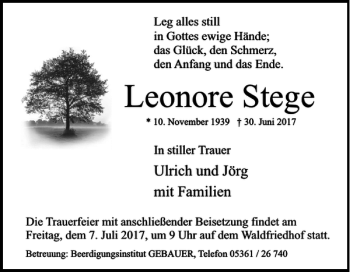 Traueranzeige von Leonore Stege von Wolfsburger Nachrichten