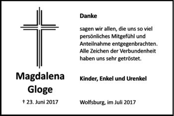 Traueranzeige von Magdalena Gloge von Wolfsburger Nachrichten