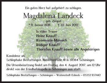 Traueranzeige von Magdalena Landeck von Helmstedter Nachrichten