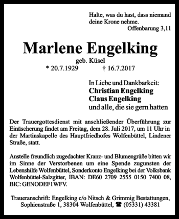 Traueranzeige von Marlene Engelking von Wolfenbütteler Zeitung