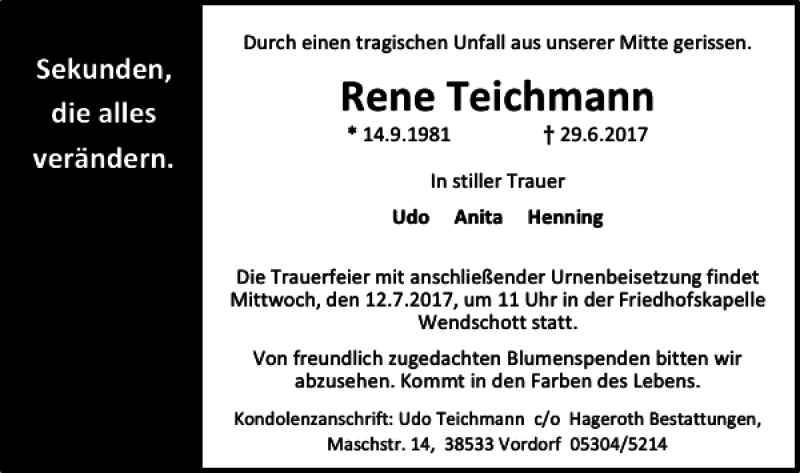  Traueranzeige für Rene Teichmann vom 07.07.2017 aus Wolfsburger Nachrichten