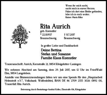 Traueranzeige von Rita Aurich von Braunschweiger Zeitung