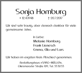 Traueranzeige von Sonja Homburg von Braunschweiger Zeitung