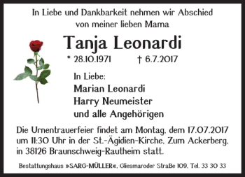 Traueranzeige von Tanja Leonardi von Braunschweiger Zeitung
