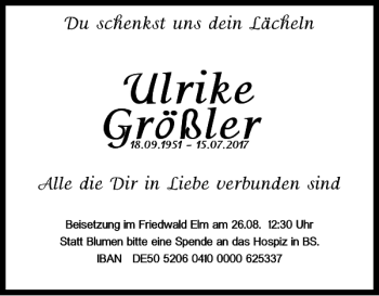 Traueranzeige von Ulrike Größler von Braunschweiger Zeitung