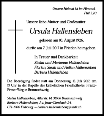 Traueranzeige von Ursula Hallensleben von Braunschweiger Zeitung
