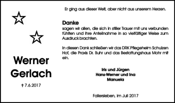 Traueranzeige von Werner Gerlach von Wolfsburger Nachrichten