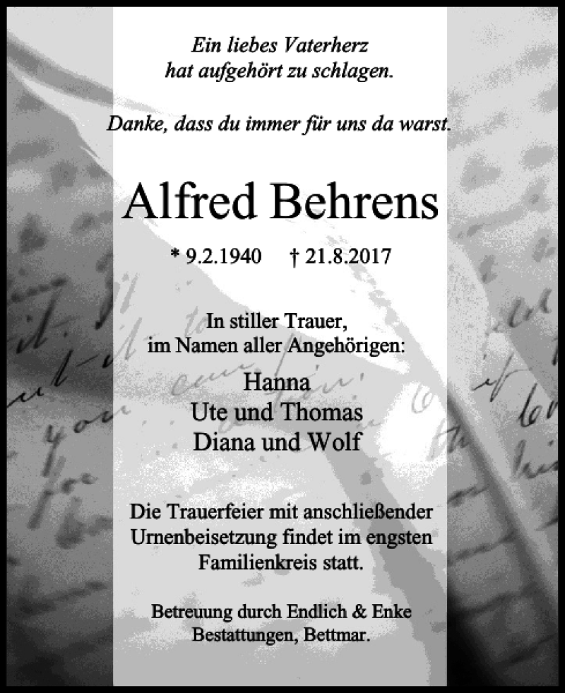  Traueranzeige für Alfred Behrens vom 26.08.2017 aus Peiner Nachrichten