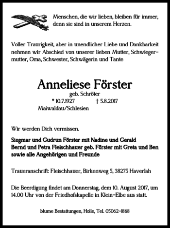 Traueranzeige von Anneliese Förster von Salzgitter Zeitung