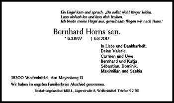 Traueranzeige von Bernhard Horns sen von Wolfenbütteler Zeitung