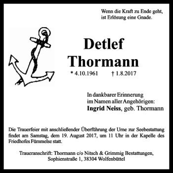 Traueranzeige von Detlef Thormann von Wolfenbütteler Zeitung